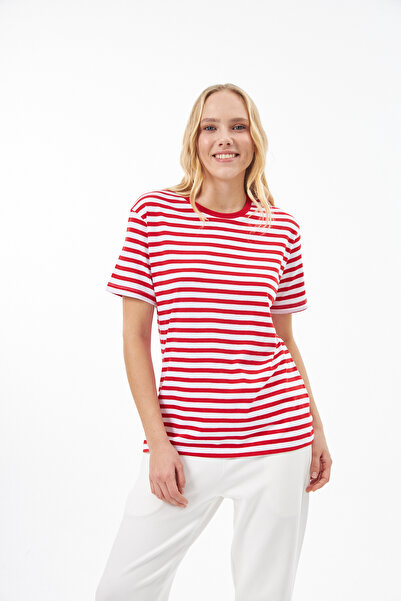 Elegant Design Kırmızı/Beyaz Çizgili %100 Organik Pamuk T-shirt