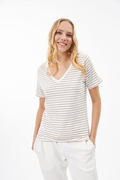 Elegant Design 100% Organic Cotton V-Neck Striped T-shirt Ecru/Brown