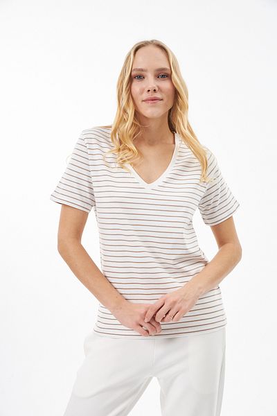 Elegant Design 100% Organic Cotton V-Neck Striped T-shirt Ecru/Brown