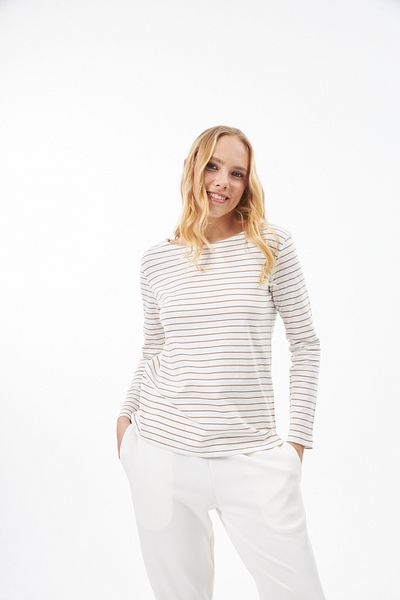 Elegant Design 100% Organic Cotton White/brown Long Sleeve Striped T-Shirt