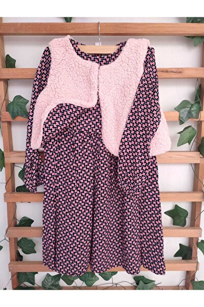 Baby Kuzu Polarlı ve Viskos Kumaşlı Çiçek Desenli Kız Çocuk Elbise