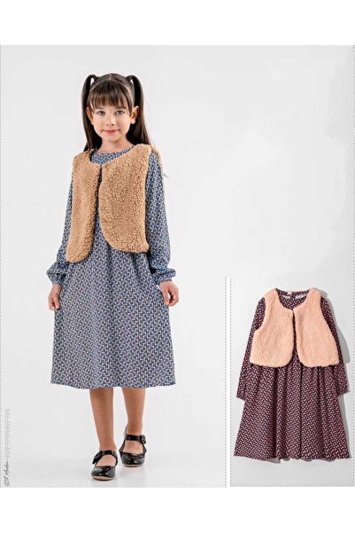 Baby Kuzu Polarlı ve Viskos Kumaşlı Çiçek Desenli Kız Çocuk Elbise