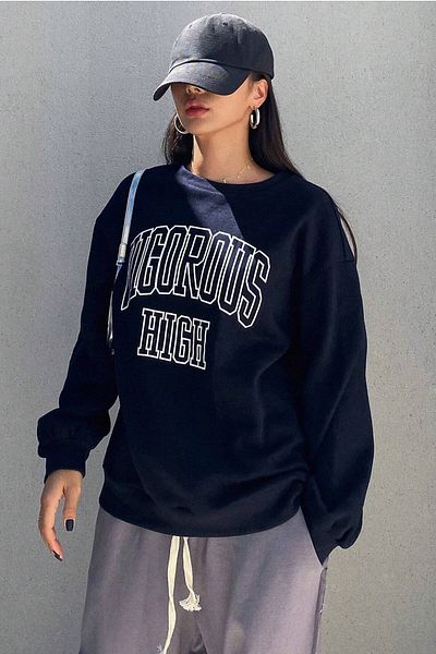 MODAGEN Φούτερ Unisex Navy Blue Letter Crew Neck Oversize