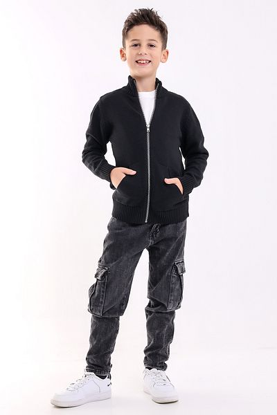 Matte Brüksel Boy's Black Pocket Knitwear Cardigan