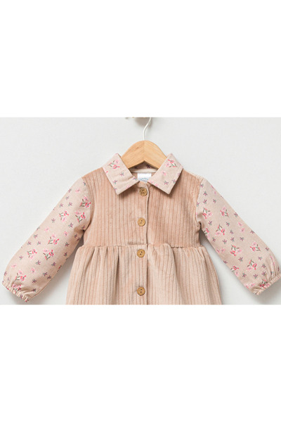 Tongs Baby Kız Bebek Kadife Elbise- Yaka ve Kolları Çiçekli,Önden Düğmeli Kız Bebek Kadife Elbise