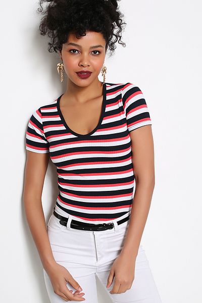 AVORWE V-Neck Striped Crop Blouse