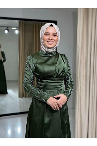 Kaleiçi Yıldızlar Yeşil Yıldızlar Yeni Sezon Tesettür Gece Şık Elbise Abiye 505