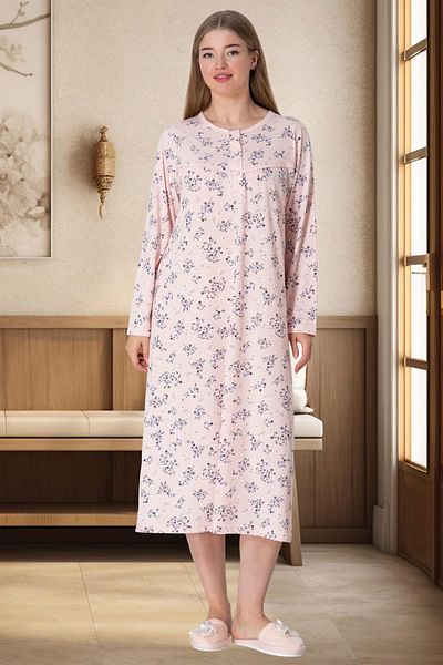 Lohussa Women's Pink Floral Large Size (Oversize) Cotton Combed Nightgown