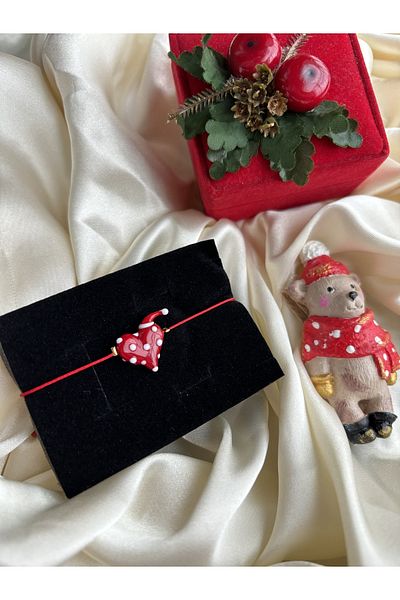 PEONY - peonyofficiall Red Polka Dot Heart Glass Murano Bracelet with New Year's Hat Red String New Year Themed Bracelet