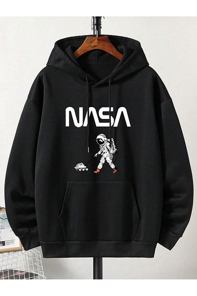 Boi Мини суитшърт за кола Nasa Astranout - черен, с щампа, голям размер, дебела качулка