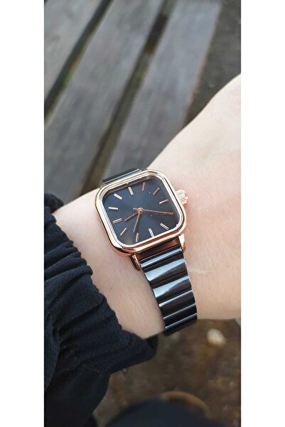 ÇENÇEN Minimal Kare Siyah Kadran Rose Gold Kasa Kadın Kol Saati