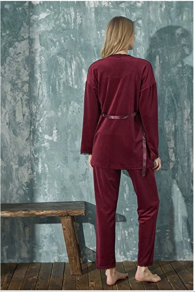 Mihra Kadın Pijama Takımı Soft Fransız Kadife Dantelli Sabahlıklı 3 lü Takım