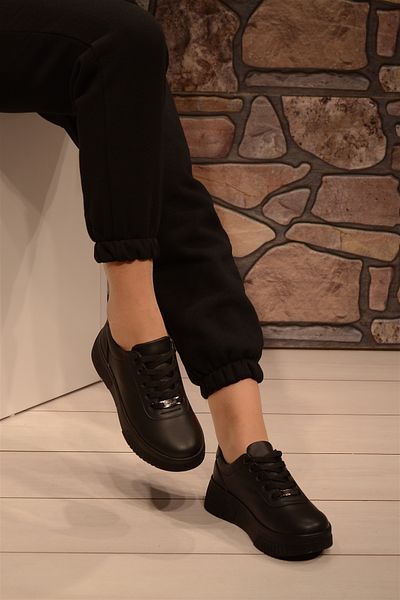 Isy WOMEN'S FULL BLACK LACE UP FLAT LEATHER THICK SOLE SNEAKER SPORTS SHOES
