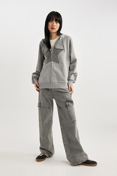 DeFacto Coool Oversize Fit Hooded Printed Thick Fabric Cardigan