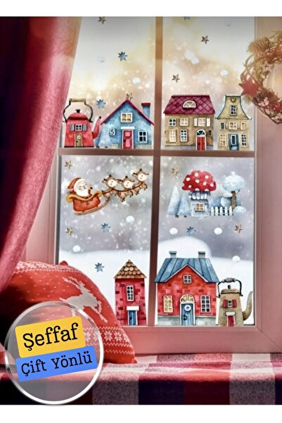 Think And Print Cam için Şeffaf Çift Görünümlü Yılbaşı Karlı Ev Noel Baba Yılbaşı Ağacı Yeniyıl Sticker Christmas
