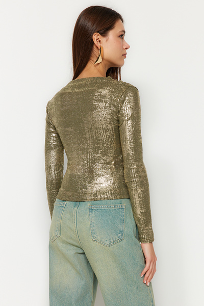 Trendyol Collection Χακί Foil Printed Gathered κανονική εύκαμπτη πλεκτή μπλούζα TWOAW24BZ00432