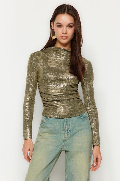 Trendyol Collection Χακί Foil Printed Gathered κανονική εύκαμπτη πλεκτή μπλούζα TWOAW24BZ00432