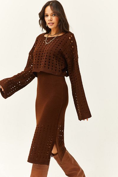 Olalook Women's Bitter Brown Top Openwork Sweater Bottom Openwork Dress Knitwear Suit TKM-19000246