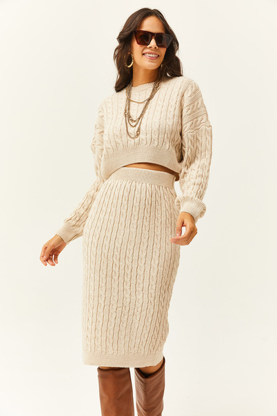 Olalook Kadın Taş Üst Kazak Alt Midi Etek Saç Örgülü Takım TKM-19000247