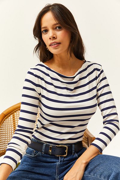Olalook Marineblau gestreifte Premium-Soft-Touch-Stretchbluse mit U-Boot-Ausschnitt für Damen BLZ-19002448