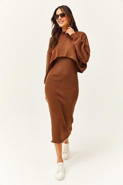 Olalook Women's Bitter Brown Top Crop Sweater Bottom Strap Dress Knitwear Suit TKM-19000176