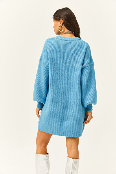 Olalook Kadın Bebe Mavi Bisiklet Yaka Balon Kol Yumuşak Dokulu Triko Tunik Elbise ELB-19001802