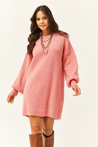 Olalook Kadın Pembe Bisiklet Yaka Balon Kol Yumuşak Dokulu Triko Tunik Elbise ELB-19001802