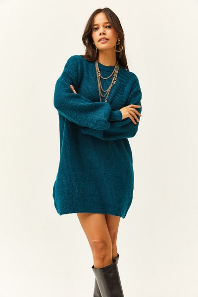 Olalook Rochie tunică pentru femei, albastru petrol, cu mânecă cu balon, cu textura moale ELB-19001802
