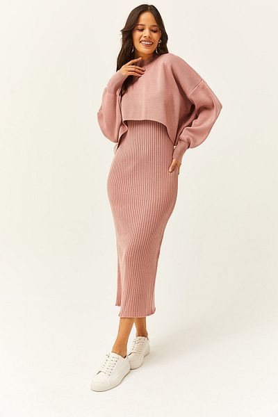 Olalook Női Dusty Rose Top Crop pulóver alsó pántos ruha kötöttáru öltöny TKM-19000176