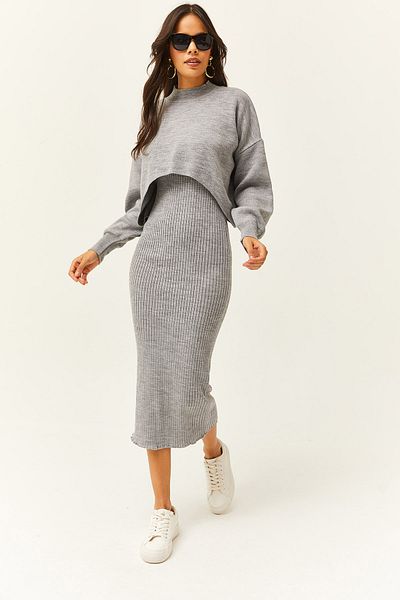 Olalook Damen-Strickanzug mit grauem Oberteil, bauchfreiem Pullover, Trägerkleid unten, TKM-19000176