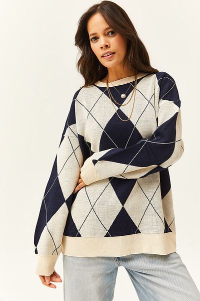 Olalook Women's Navy Blue White Diamond Patterned Thick Knitwear Sweater KZK-19000589