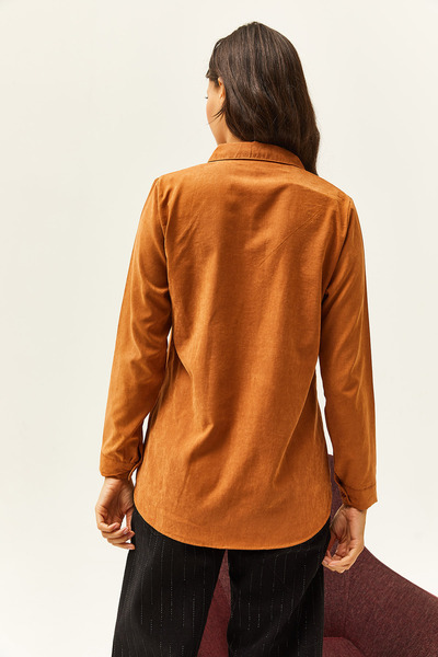 Olalook Kadın Camel Taşlanmış Kupra Dokuma Gömlek GML-19001058