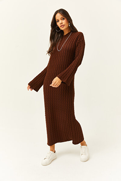 Olalook Kadın Acı Kahve Saç Örgülü Uzun Triko Elbise ELB-19001997