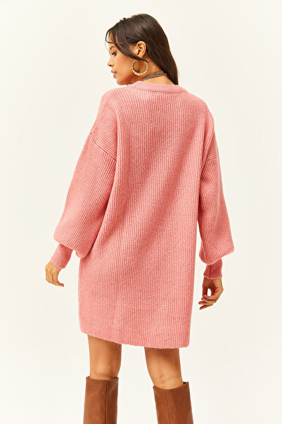 Olalook Kadın Pembe Bisiklet Yaka Balon Kol Yumuşak Dokulu Triko Tunik Elbise ELB-19001802