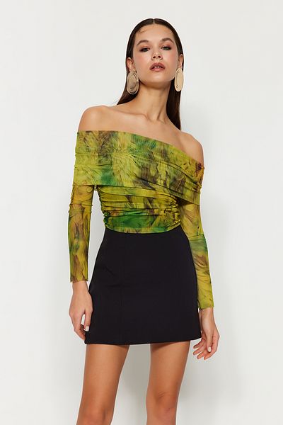 Trendyol Collection Gemusterte, farbenfrohe Bluse aus gestricktem Tüll - TPRAW24BZ00094
