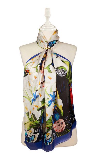 Bursa İpek White Silk Painting Scarf