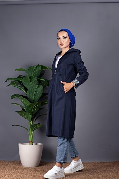Sevitli Içi Çizgili Trençkot-lacivert