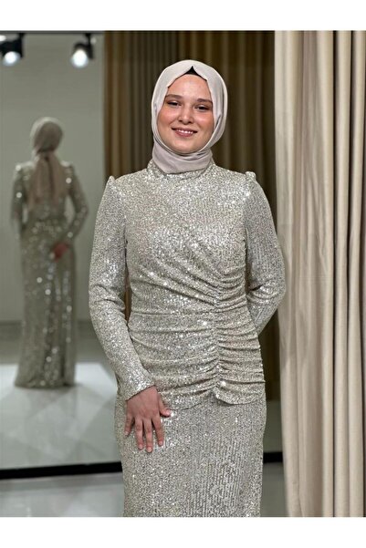 Kaleiçi Yıldızlar Bej Yıldızlar Yeni Sezon Tesettür Pul Payet Üstü Drape Görünümlü Şık Gece Elbise Abiye 528