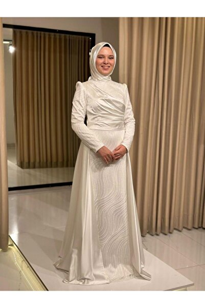 Kaleiçi Yıldızlar Beyaz Yıldızla Kadın Drapeli Sim Baskılı Pelerinli Yeni Sezon Tesettür Abiye Elbise Ma3001 3001