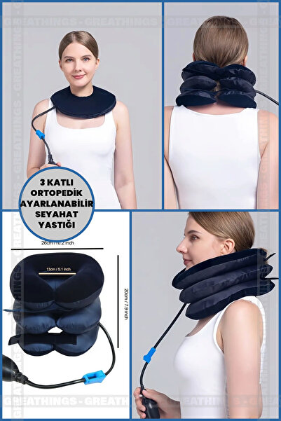 Genel Markalar 3 Katlı Ayarlanabilir Şişme Boyun Yastığı Ortopedik Pompalı Bo...