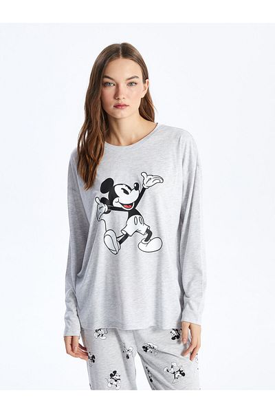 LC Waikiki Langärmliges Damen-Pyjama-Set mit Rundhalsausschnitt und Mickey-Mouse-Aufdruck