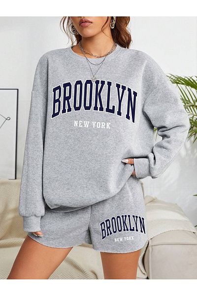 Boi Суитшърт с надпис Brooklyn New York - сив, с щампа, голям размер, дебел, кръгъл деколте