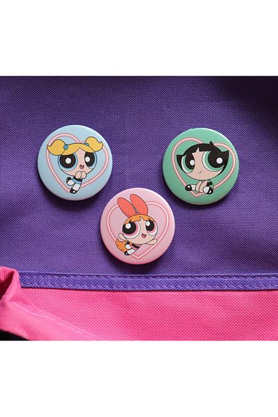 Akumastik Powerpuff Girls Bubbless - Buttercup - Blossom Set de 3 piese pentru geantă Ornament Set de insignă cu buton și ace