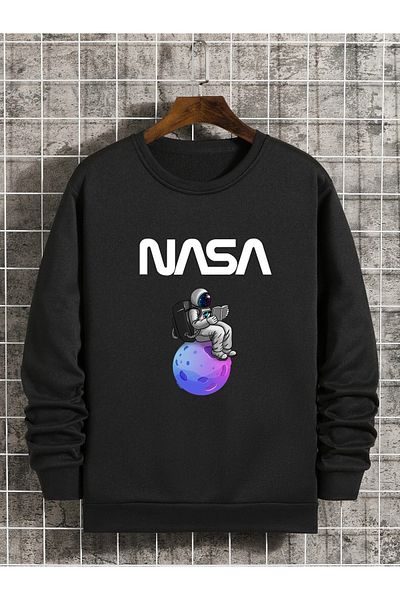 Boi Суитшърт с дебело кръгло деколте на NASA Astronaut - черен с щампа