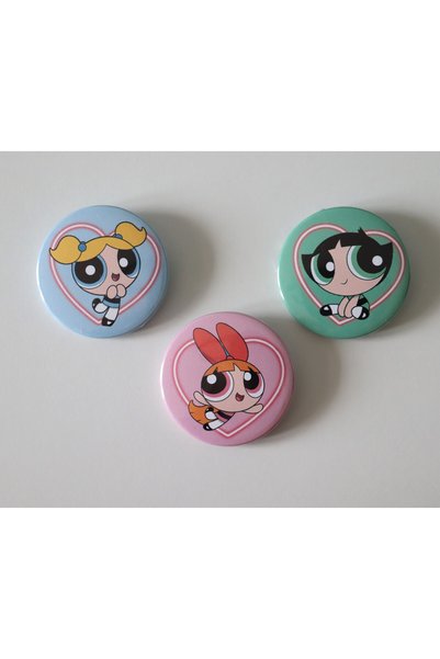 Akumastik Powerpuff Girls Bubbless - Buttercup - Blossom 3-Piece Bag Ornament Badge-Pin Button Badge Set