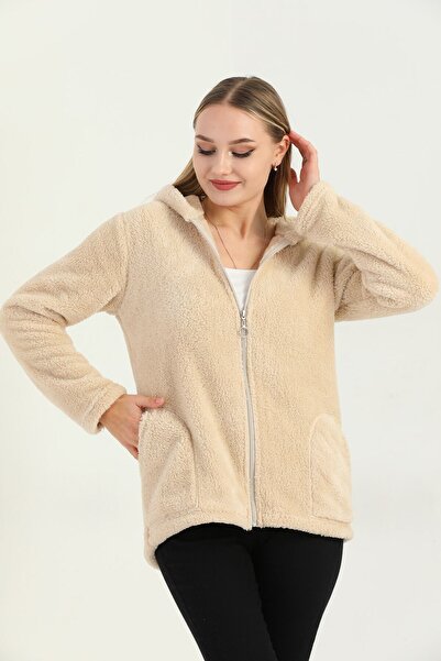 MODA UGS Welsoft Fermuarlı Kapüşonlu Kısa Polar Hırka Haki Yeşil