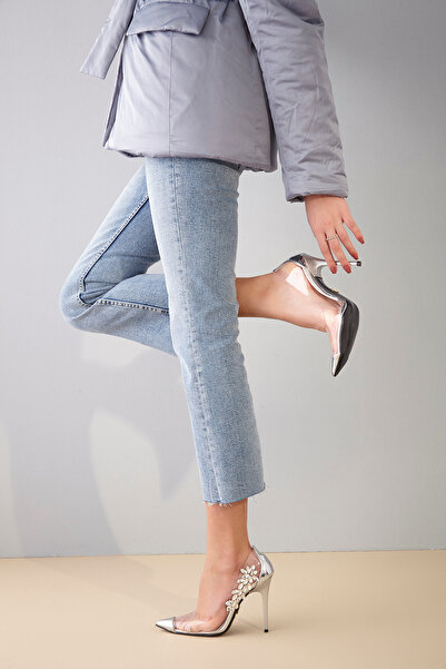 AYAKKABI PRENSİ Cenzio Transparent Detaliat Argintiu Argintiu 10 Cm Stiletto pentru femei, pantofi cu toc