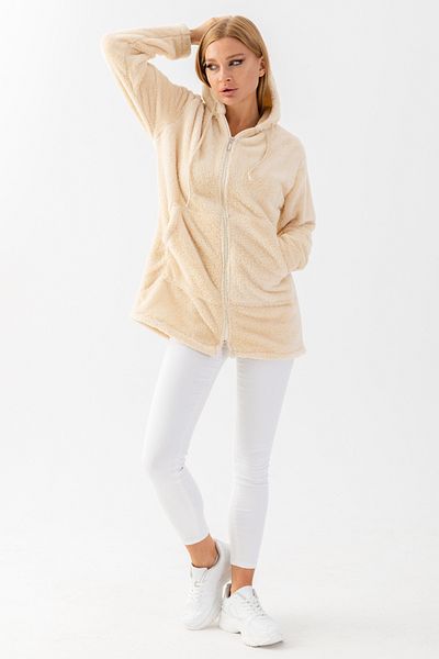 EtkiModa Women's Dark Cream Hooded Long Plush Jacket