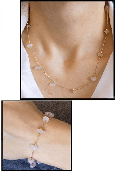 Tesbih Atölyesi Natural Stone Necklace Bracelet Set with Certified Pink Quartz Stone
