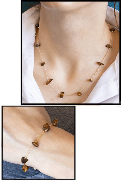 Tesbih Atölyesi Certified Tiger Eye Stone Natural Stone Necklace Bracelet Set